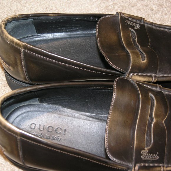 Gucci Script Dark Chestnut Brown Leather Penny Loafers Size 9